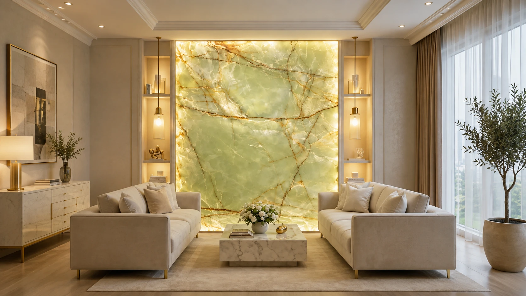 Backlit green onyx feature wall demonstrating illuminated stone design for luxury retail interiors