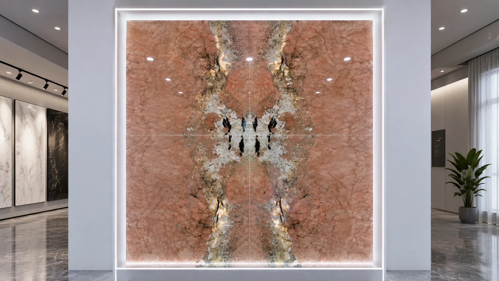 Bookmatched pink natural stone wall panels showing mirrored vein matching