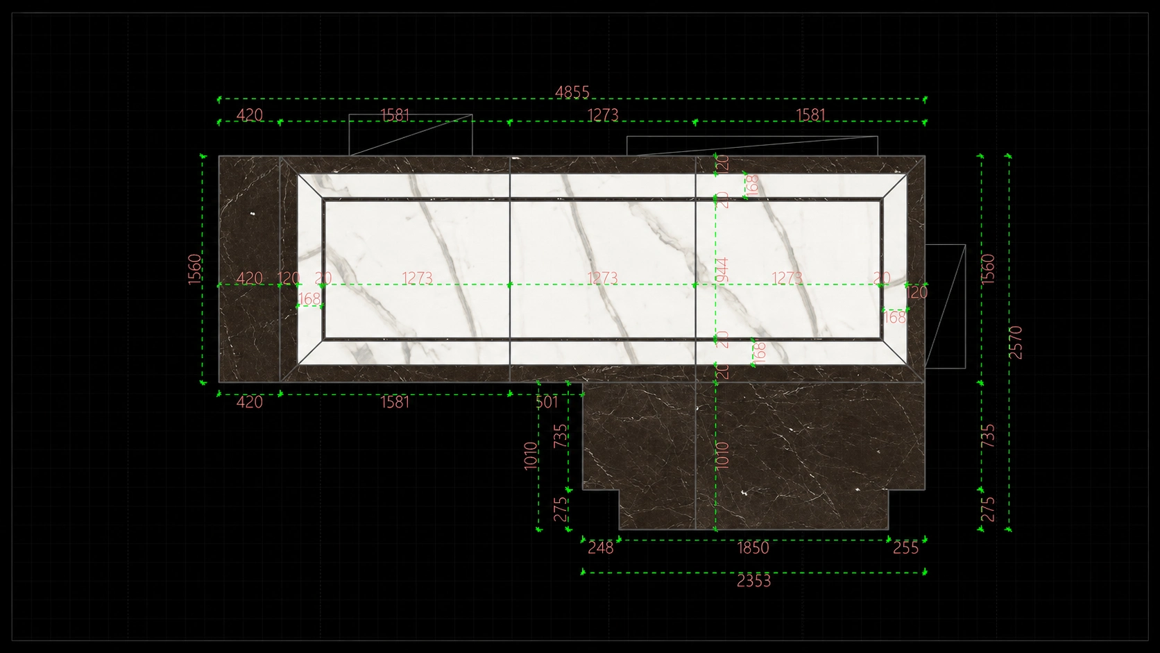 Digital natural stone cutting layout demonstrating panel positioning and vein planning