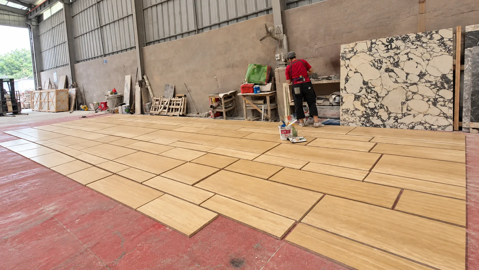 Natural stone dry lay inspection for luxury retail project layout and quality control