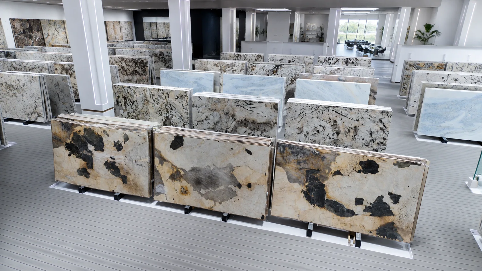 Exotic quartzite slab warehouse for natural stone luxury retail material selection and batch review