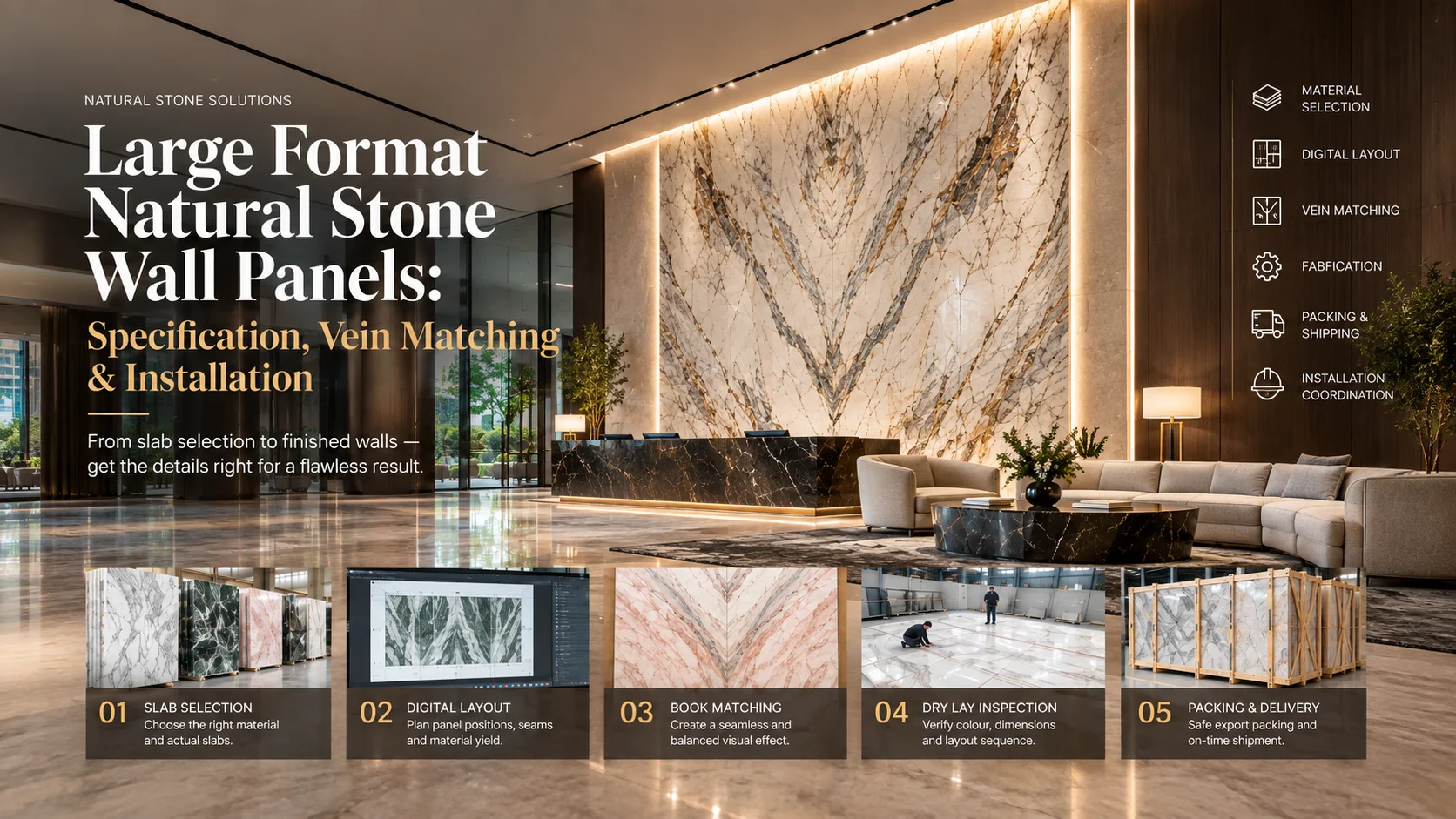Large-format natural stone wall panels in a luxury hotel lobby with bookmatched marble feature wall, digital layout, vein matching, fabrication, dry lay inspection, and export packing process