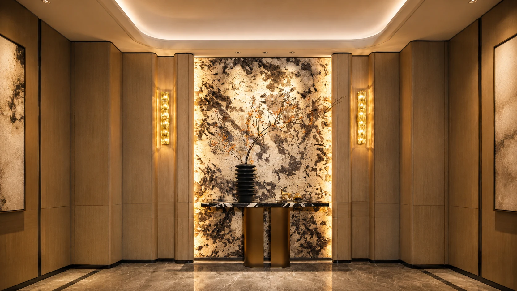 Large format natural stone wall panels in a luxury hotel lobby feature wall