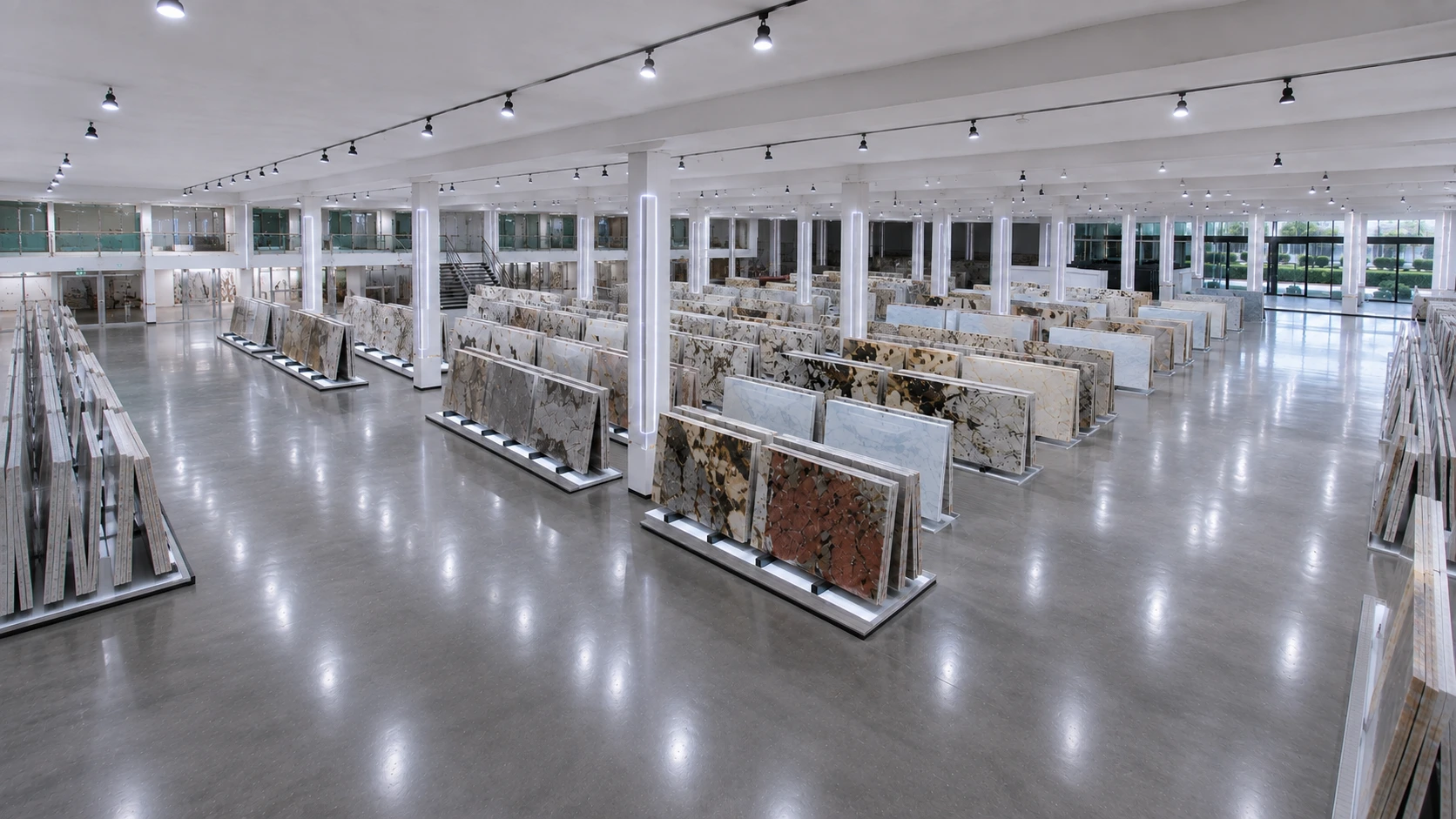 Natural stone slab showroom for selecting large format natural stone wall panels