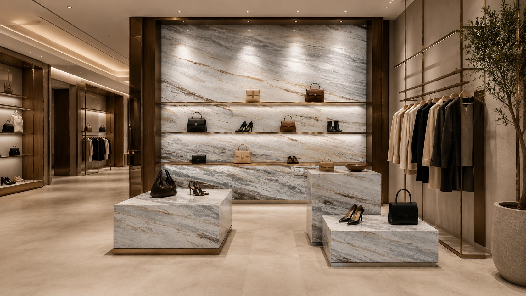 Natural stone for luxury retail interiors with marble display wall and custom stone plinths
