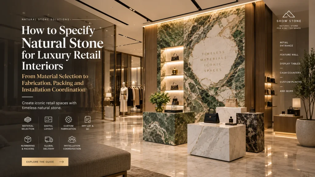 Natural stone retail interior with marble feature wall, display plinths and luxury product presentation