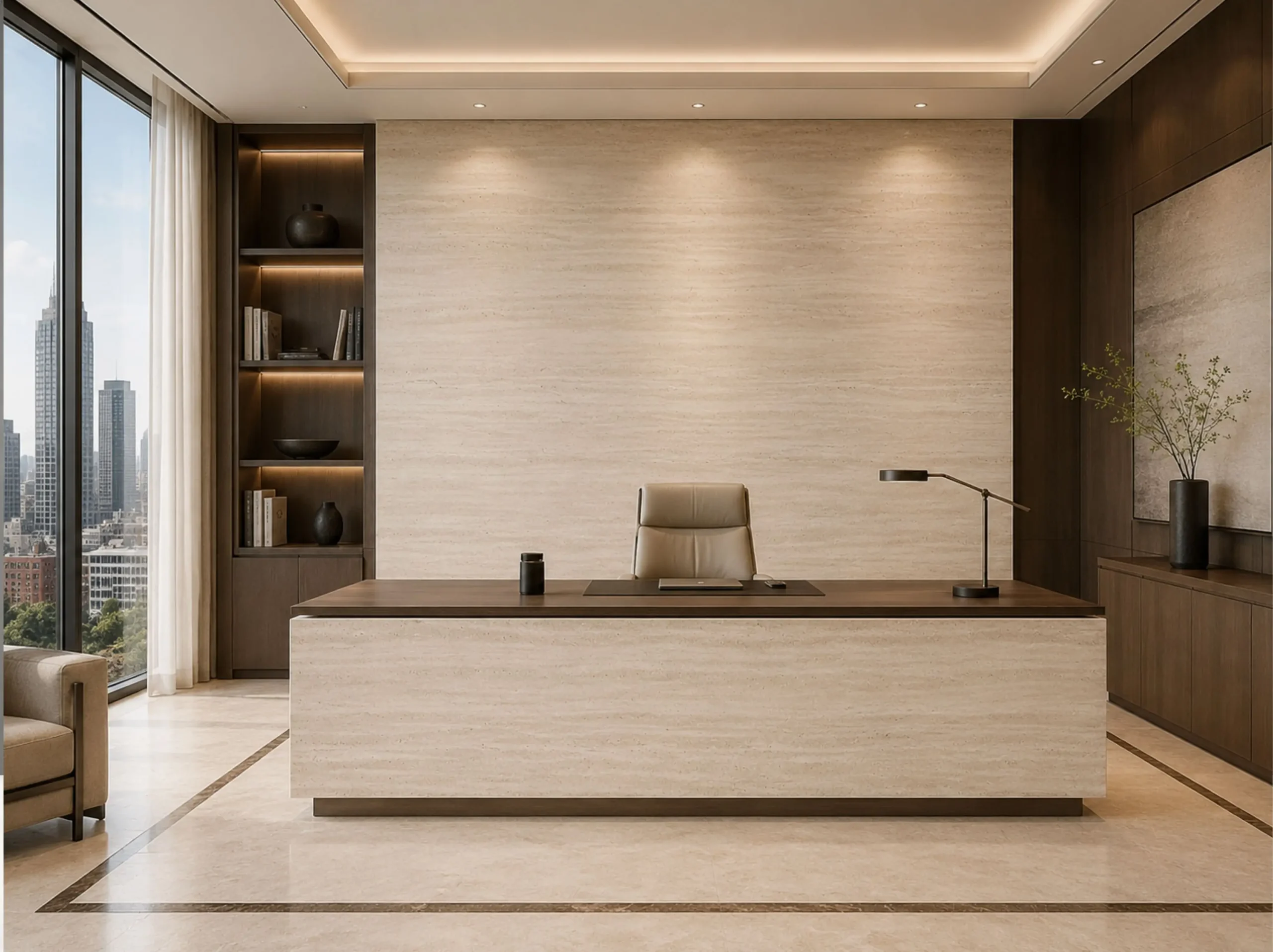Classico In Falda Travertine executive office wall and desk Classico In Falda Travertine in executive office wall and desk