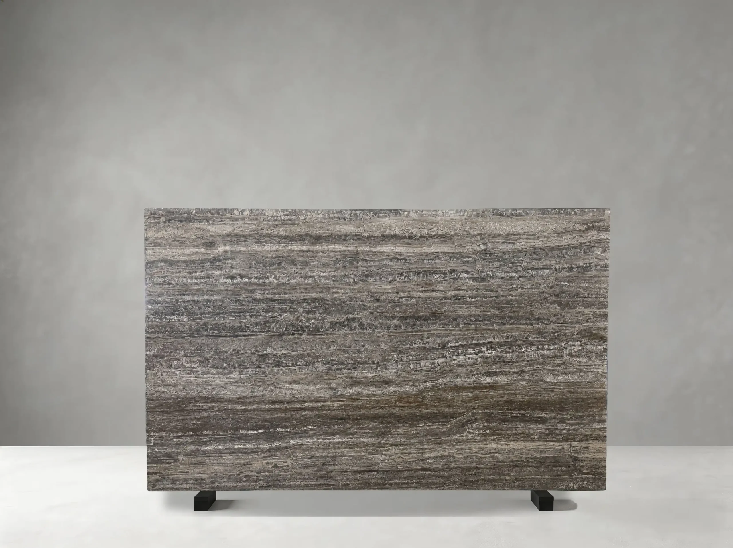 Takab Silver Travertine Slab 01 Takab Silver Travertine slab 01 showing silver-grey and warm beige tones with linear natural banding