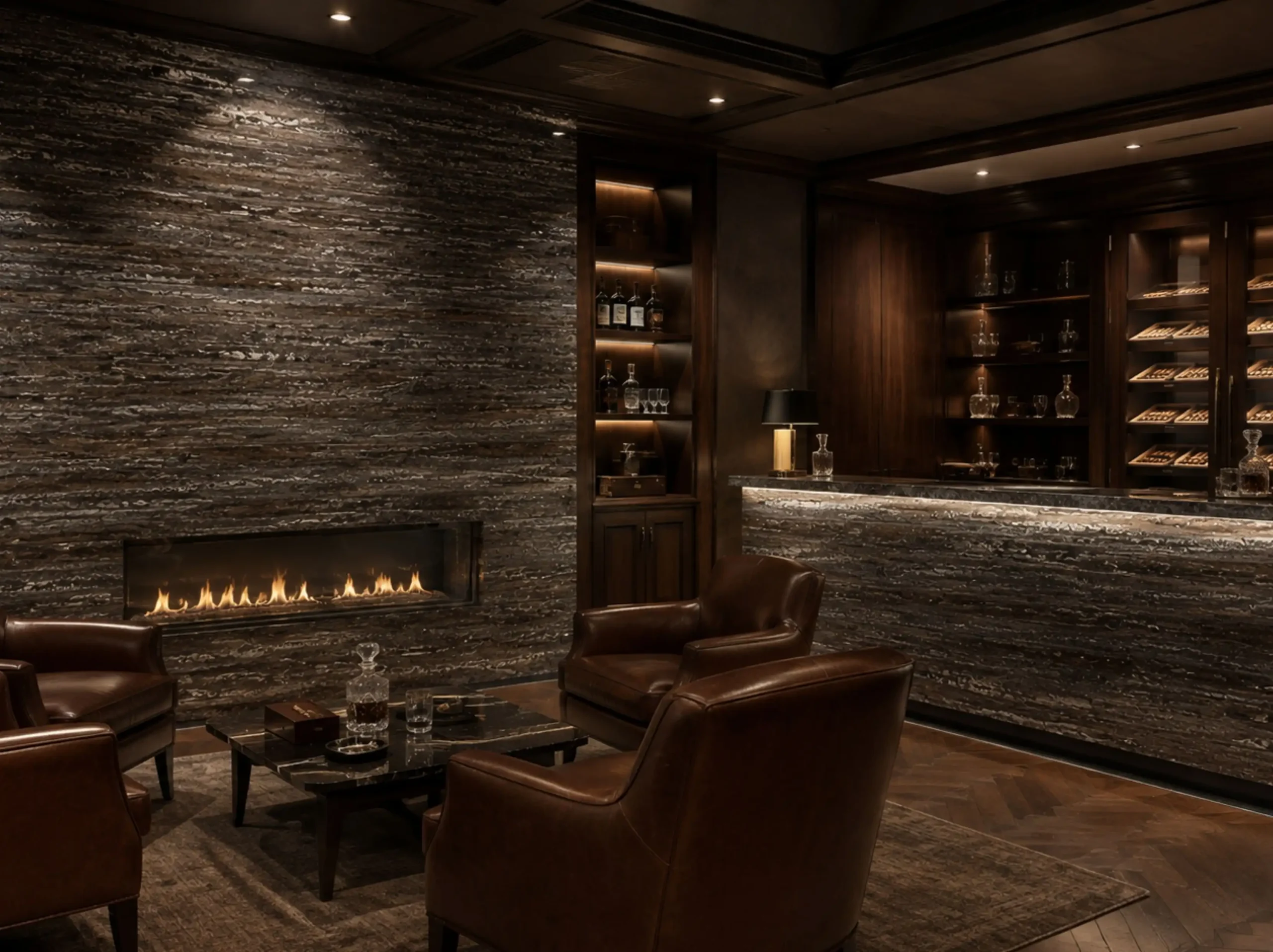 Titanium Gray Travertine cigar lounge fireplace bar Titanium Gray Travertine application in cigar lounge fireplace bar