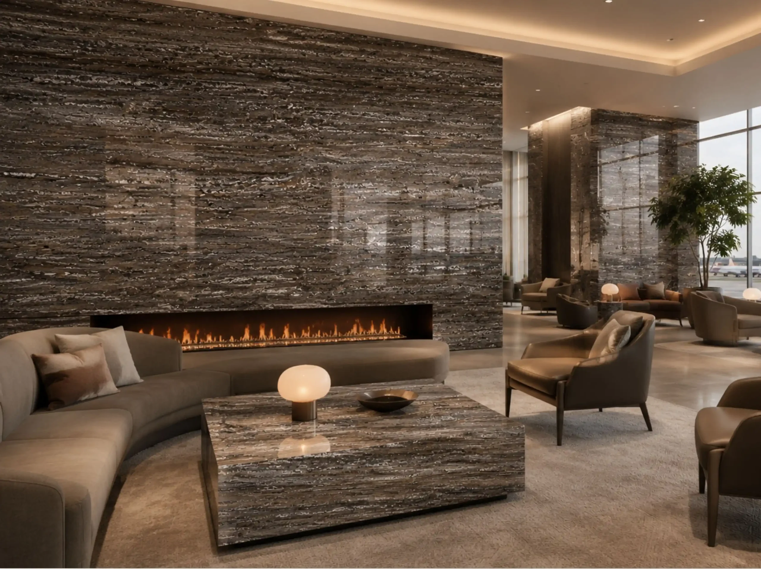 Titanium Gray Travertine lounge fireplace feature wall Titanium Gray Travertine used for lounge fireplace feature wall