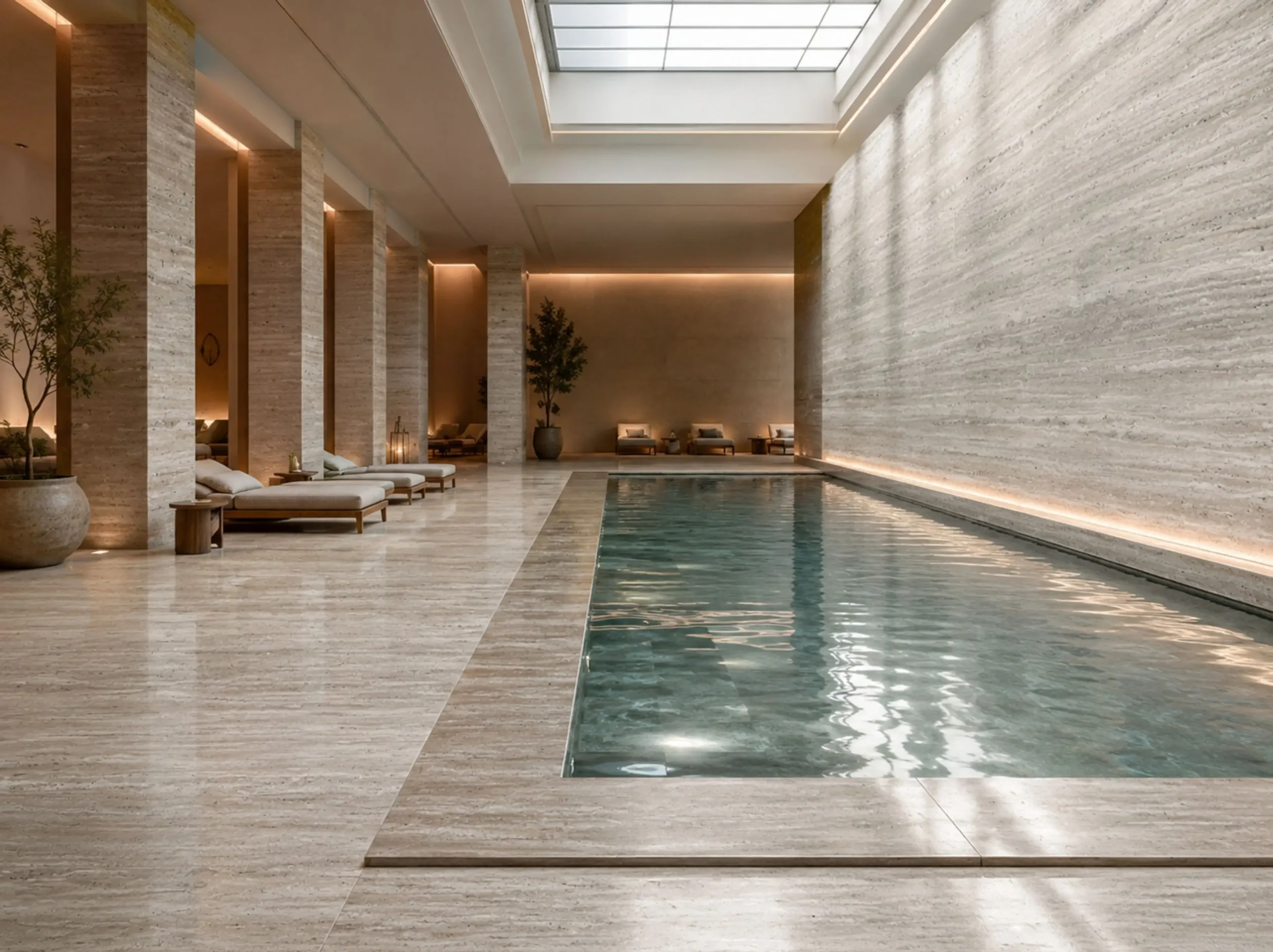 Travertino Toscana Silver indoor pool wall and floor Travertino Toscana Silver in indoor pool wall and floor