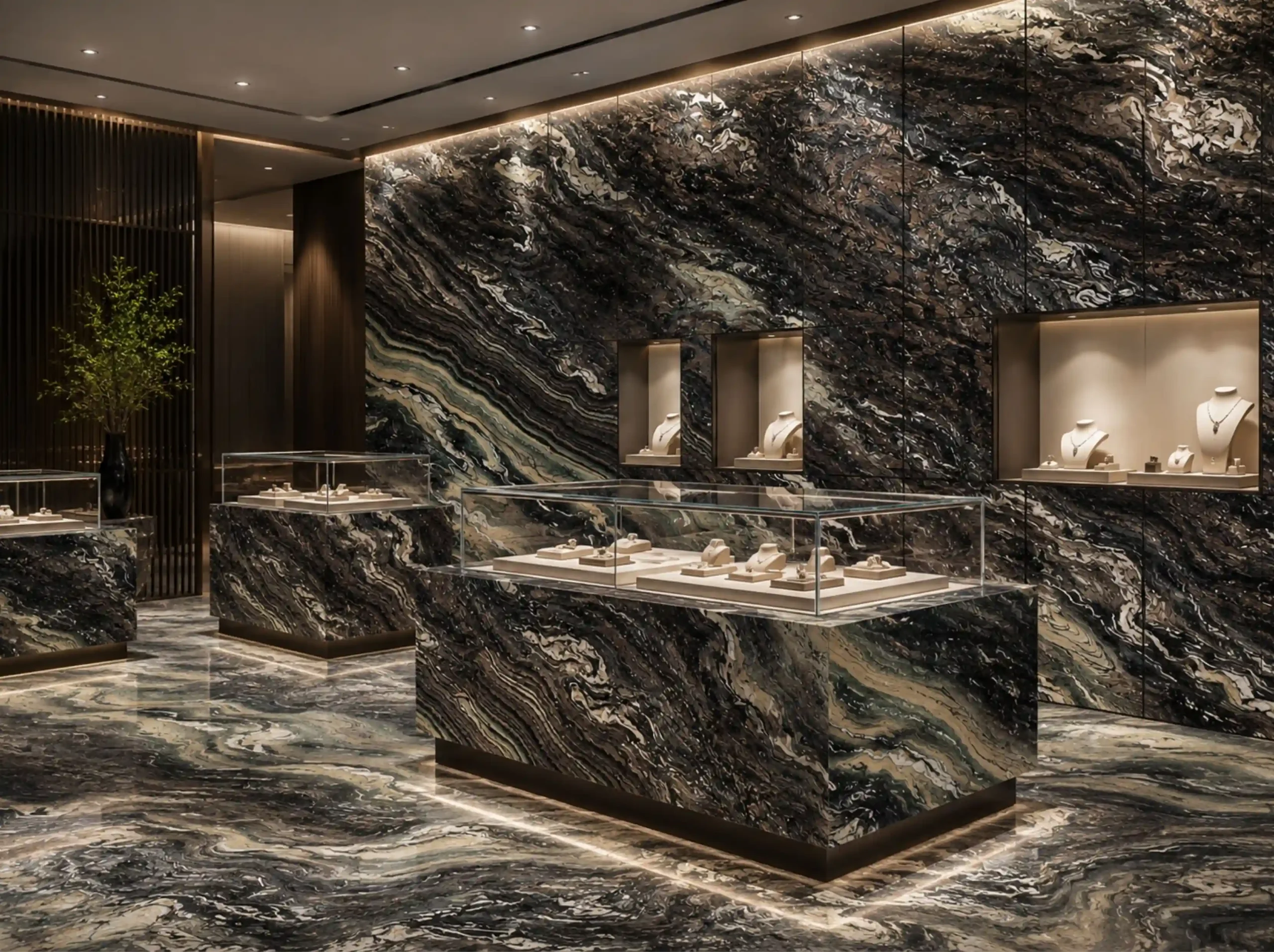 Violet Butterfly Marble jewelry boutique feature wall floor Violet Butterfly Marble in jewelry boutique feature wall floor